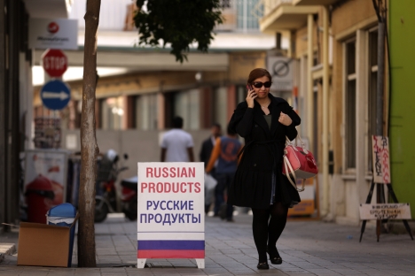 Russian-language signs can be observed in Europe, especially, in debt-ridden countries like Cyprus [pictured] which have eased visa and residency permit requirements for Russia’s wealthy shoppers. Source: AFP / East News 