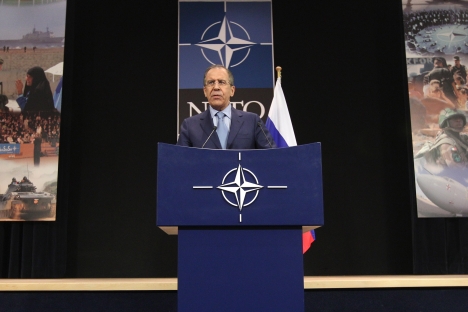 Russia's Foreign Minister Sergey Lavrov addresses the media at the end of an NATO-Russia coucil, during a NATO foreign ministers meeting at NATO headquarters in Brussels, Tuesday, April 23, 2013. Source: AP