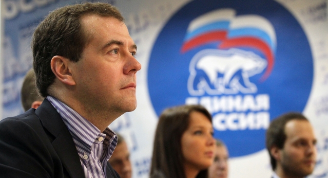 Russian Prime Minister Dmitry Medvedev during a session of the United Russia party in St. Petersburg. Source: ITAR-TASS