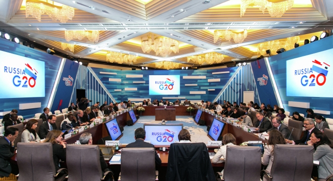 Participants of a press briefing within the framework of the Conference on the Russian Presidency in G20 "Fostering Economic Growth and Sustainability" held on Feb. 28. Source: G20 / Press Service