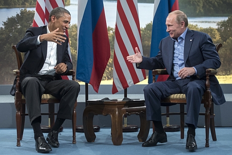 Russian President Vladimir Putin, right, and U.S. President Barack Obama during a meeting at the G8 summit in Northern Ireland. Source: RIA Novosti / Sergei Guneev