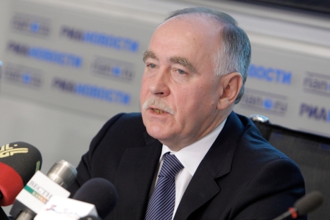 Viktor Ivaniov, director of Russia's drug control agency, speaking at the RIA Novosti news agency briefing on an unprecedented drug raid by Russian and U.S. special services. Source: RIA Novosti / Anton Denisov