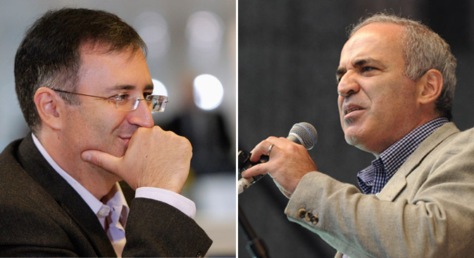 One of Russia's most authoritative economist Sergei Guriyev (left) and opposition leader Garry Kasparov announced about their self-imposed exile. Source: Reuter / ITAR-TASS 