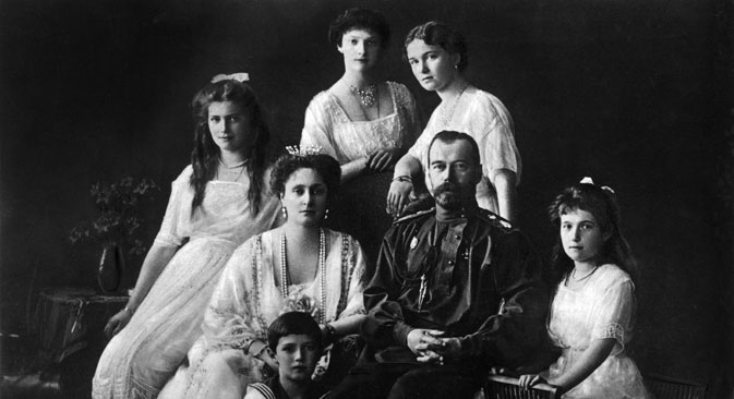 Nicolas II Romanov and his wife Alexandra with children (pictured L-R): Alexei, Maria, Tatiana, Olga, Anastasia. 