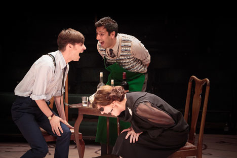 (l-r) Dyfan Dwyfor as Yegor Dimitrich Gloumov, Nitin Kundra as Styopka and Penelope Dimond as Glafira Klimovna Gloumova in TOO CLEVER BY HALF (Royal Exchange Theatre until 17 August). Source: Jonathan Keenan 