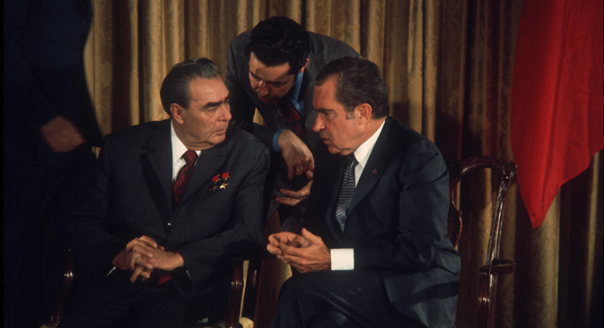 President Richard Nixon talks with Soviet leader Leonid Brezhnev June 20, 1973 at Camp David, MD. Brezhnev met with members of the U.S. Senate Foreign Relations Committee to sign an agreement to prevent nuclear war with the US. Source: Getty Images / Fotobank