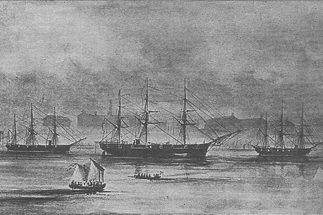 Russian fleet in San Francisco (L-R): corvettes Rynda, Bogatyrj and Kalevala, 1863. Source: Wikipedia