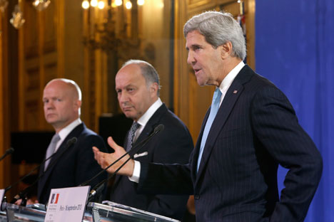 Foreign Secretary William Hague (L), French Foreign Minister Laurent Fabius and U.S. Secretary of State John Kerry attend a news conference after a meeting on Syria conflict at the Quai d'Orsay ministry in Paris, on Sept. 16. Source: Reuters / Charles Platiau