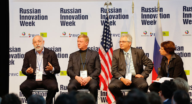 Pictured L-R: Victor Vekselberg, Skolkovo Foundation President, Anatoly Chubais, Chairman of the Board of LTD RUSNANO, Igor Agamirsyan, CEO of RBC, at Russian Innovation Week 2013 in Boston. Source: Greg M. Cooper