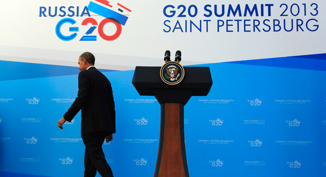 U.S. President Barack Obama departs a news conference at the G20 Summit, on September 6. Obama said that most leaders of the G20 countries agree that Syrian President Bashar al-Assad is responsible for using poison gas against civilians as the U.S. leader tried to rally support at home and abroad for a military strike. Source: Reuters. Source: Reuters