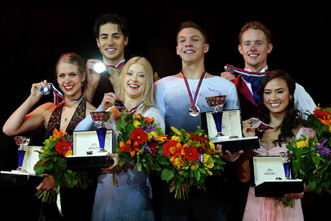Awarding ceremony of Cup of Russia Grand Prix. Pictured L-R: Canadian Kaitlyn Weaver and Andrew Poje, Russians Ekaterina Bobrova and Dmitry Soloviev and Americans Madison Chock and Evan Bates. Source: ITAR-TASS