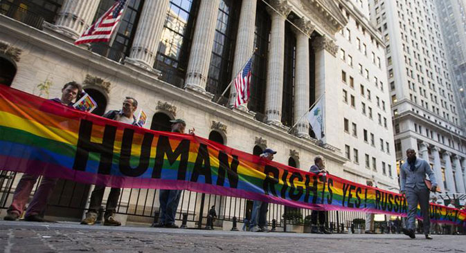 LGBT activists protested Russia Day at the New York Stock Exchange. Source: Reuters