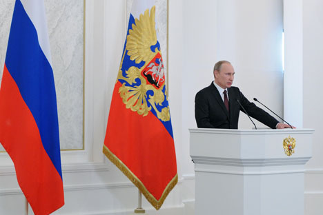 In der jährlichen Botschaft an die Föderationsversammlung spricht Putin die wichtigsten Zukunftsthemen an. Foto: RIA Novosti