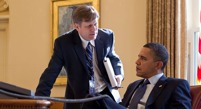 Outgoing Ambassador Michael McFaul (left) was previously an advisor to President Barack Obama. Photo was taken on Feb. 24, 2010. Source: Official White House Photo by Pete Souza