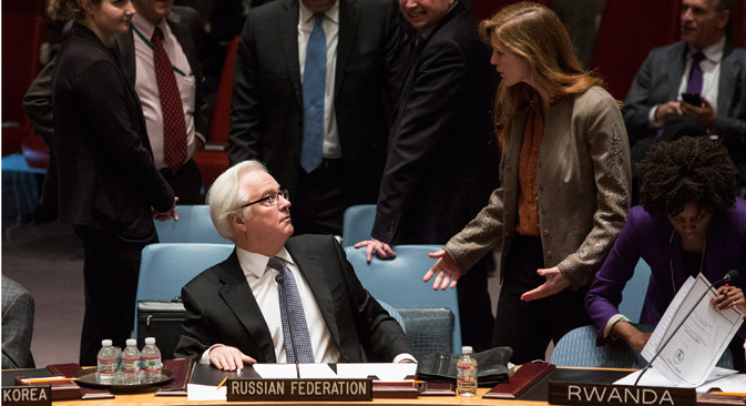 US ambassador Samantha Power (right) and Russian ambassador Vitaly Churkin at the United Nations before Russia vetoed a resolution condemning the referendum in Crimea. Source: Reuters