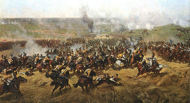 A fragment of "Battle of Borodino", panoramic painting by Franz Roubaud. This battle was famously described by Leo Tolstoy in "War and Peace". Source: Open sources