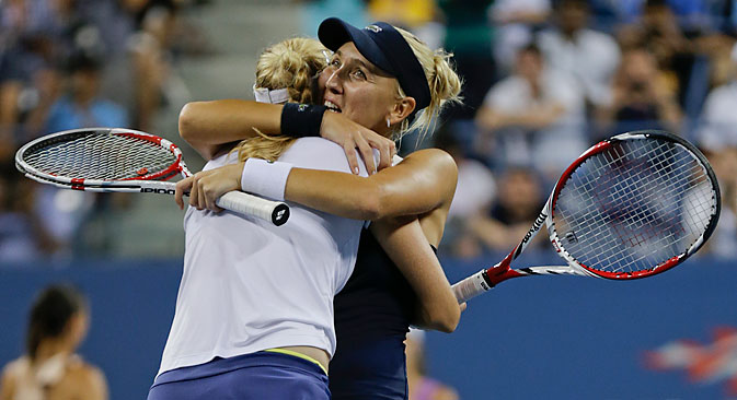The Russian tennis player talks about her doubles win at Flushing Meadows. Source: AP