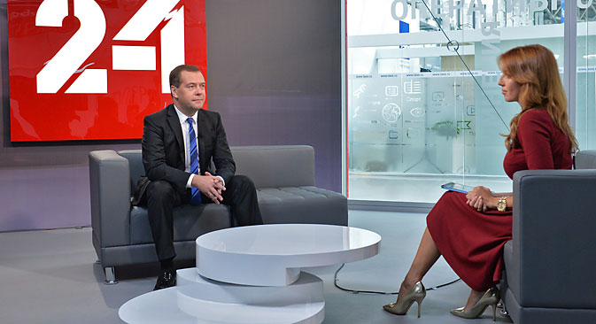 Russian Prime Minister Dmitry Medvedev gives an interview for Rossiya-24 TV Channel at the Expo Center in Sochi's Olympic Park, on Sept. 20. Source:  Alexander Astafyev / RIA Novosti