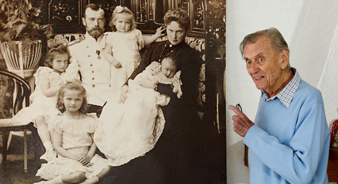 Prince Nicolas Romanov of Russia showing his ancestor Tsar Nicholas II, his wife Alexandra Fedorovna and their four daughters during an auction preview in his apartment in Rougemont, (93.2 miles east of Geneva) in 2012. Source: Reuters