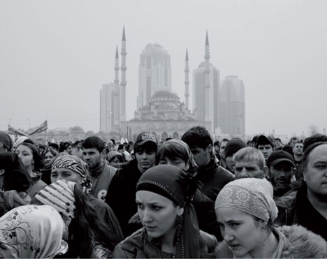 A group of pro-Kadyrov activists in the main city square in Grozny for the 10th anniversary celebration of Constitution Day, March 2013. © Davide Monteleone for the Carmignac Gestion Photojournalism Award