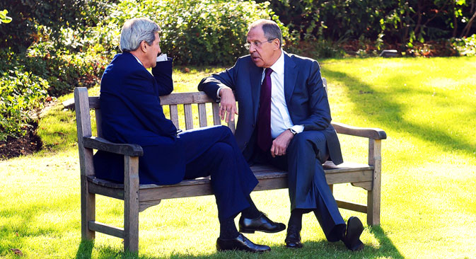 U.S. Secretary of State John Kerry (L) and Russian Foreign Minister Sergey Lavrov speak at the Chief of Mission Residence in Paris. Source: Eduard Pesov / MFA Russia