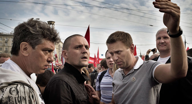 Opposition leaders at an anti-Putin protest. From left, Boris Nemtsov, Sergei Udaltsov and Alexei Navalny. Source: Yuri Kozyrev / NOOR