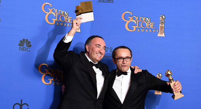 Producer Alexander Rodnyansky, left, and director Andrey Zvyagintsev during the Golden Globe award ceremony. Source: AP