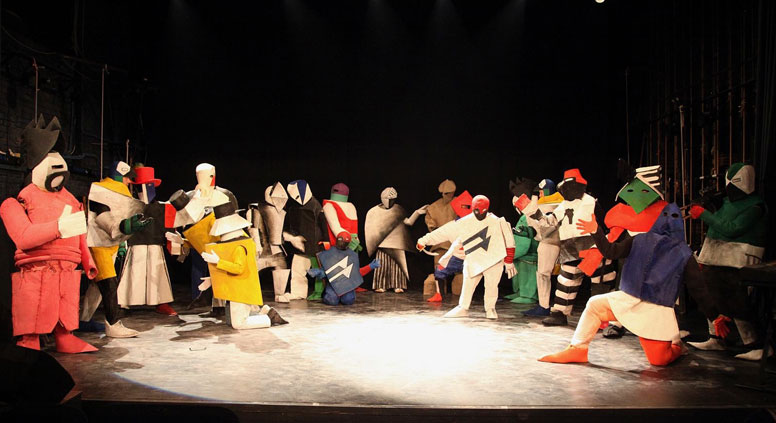 Performance of 'Victory over the Sun' opera in Moscow Stas Namin theatre. Costumes designed by Kazimir Malevich. Source: Moscow Stas Namin theater