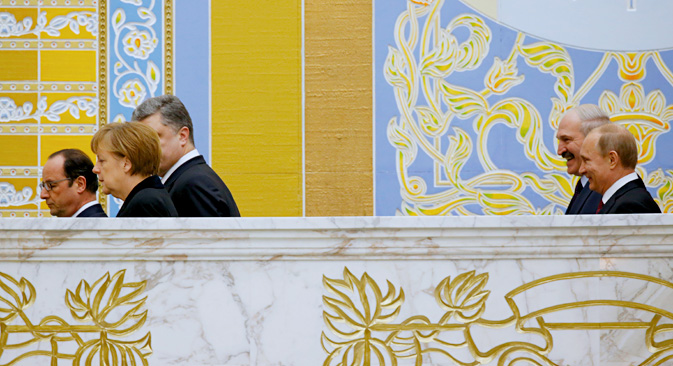 The meeting of the French, German, Russian and Ukrainian leaders in the Belarusian capital Minsk. Source: AP
