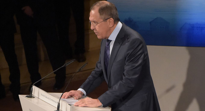 Russian Foreign Minister Sergei Lavrov delivers his speech in Munich. Source: Eduard Pessov / MFA Russia