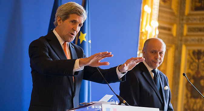 U.S. Secretary of State John Kerry (left) speaks during a news conference with France's Foreign Minister Laurent Fabius in Paris March 7, 2015. Source: Reuters