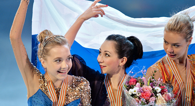 Medalists of the women's singles figure skating competition at the European Figure Skating Championships in Stockholm, during the awards ceremony: Russia's Elena Radionova - 2nd place; Russia's Yelizaveta Tuktamysheva - 1st place; Russia's Anna Pogorilaya - 3rd place. Source: Vladimir Pesnya / RIA Novosti