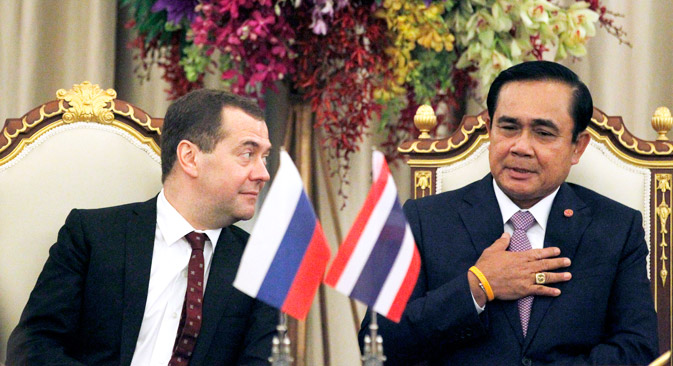Russian Prime Minister Dmitry Medvedev and Prime Minister of Thailand Prayuth Chan-o-Cha. Source: AP