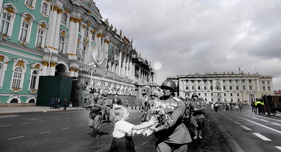 Leningrad, (now St Petersburg), 1945-2013. Meeting of Soviet soldiers on Palace Square. Source: Sergei Larenkov