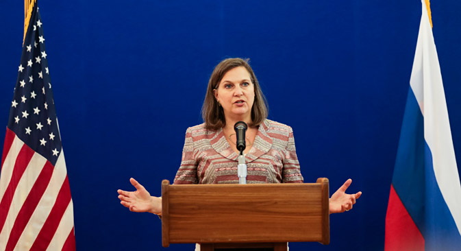 Victoria Nuland delivers a speech during a press conference, at the Spasso House - residence of the U.S. Ambassador to Russia in Moscow, on May 18, 2015. Source: AP