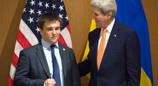 U.S. Secretary of State John Kerry meets with Ukrainian Foreign Minister Pavlo Klimkin during the NATO Foreign Minister's Meeting in Antalya, on May 13. Source: AP