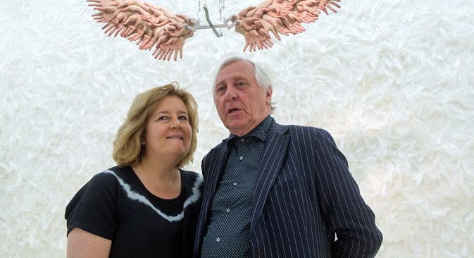 British director Peter Greenaway and his wife, Dutch director Saskia Boddeke pose for pictures at their exhibition 'Obedience. An installation in 15 Rooms' at the Jewish Museum in Berlin, Germany, May 2015. Source: EPA