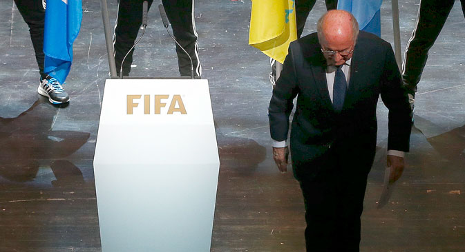 FIFA President Sepp Blatter leaves the stage after making a speech during the opening ceremony of the 65th FIFA Congress in Zurich, Switzerland, May 28, 2015. Source: Reuters 