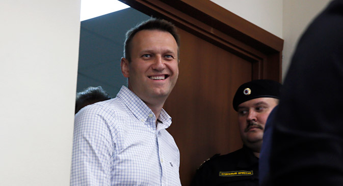 Alexei Navalny at the Lyublinsky district court in Moscow, on 13 May. Source: EPA
