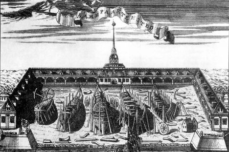 View of the Admiralty shipyard in an engraving by Alexei Zubov, 1716. Source: Open sources