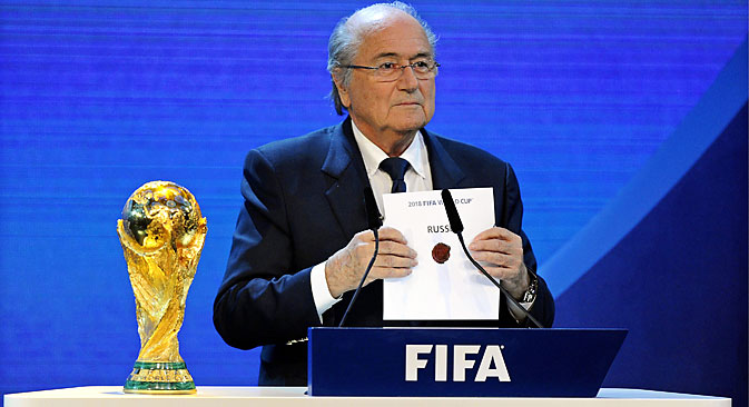 FIFA President Joseph S. Blatter announces that Russia will be hosting the 2018 Soccer World Cup during the FIFA 2018 and 2022 World Cup Bid Announcement in Zurich, Switzerland, December 2, 2010. Source: EPA