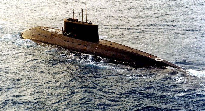 A Russian-built, Kilo-class diesel submarine recently purchased by Iran, is towed by a support vessel in this photograph taken in the central Mediterranean Sea during the week of December 23.‏. Source: Reuters
