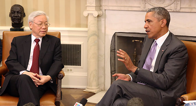 U.S. President Barack Obama meets with Nguyen Phu Trong, General Secretary of the Communist Party of Vietnam, in Washington D.C., July 7, 2015. Source: EPA