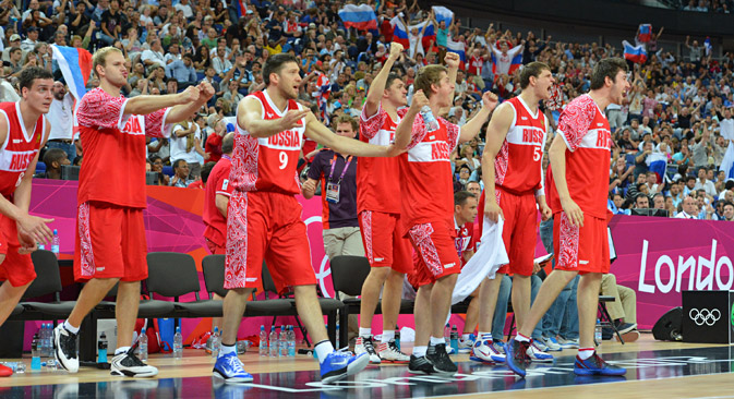 Team Russia celebrates against Argentina during their Men's Bronze Basketball Game, London 2012 Olympic Games, August 12, 2012. Source: Getty Images / Fotobank