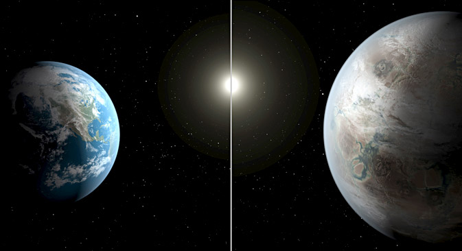 An artistic illustration compares Earth (L) to a planet beyond the solar system that is a close match to Earth, called Kepler-452b in this NASA image released on July 23, 2015. Source: Reuters