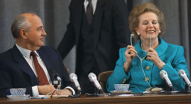 President of the USSR Mikhail Gorbachev and Prime Minister of Great Britain Margaret Thatcher hold the press-conference for Soviet and foreign journalists, 1990. Source: TASS / Vladimir Musaelyan; Valentin Kuzmin