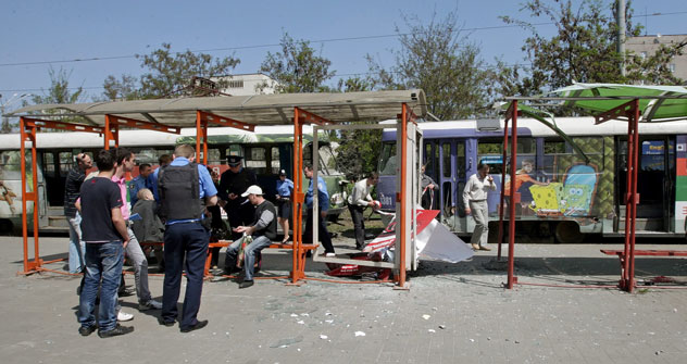 La primera de las bombas explotó frente a la céntrica  parada de tranvía “Plaza de la Ópera”. Fuente: Itar Tass