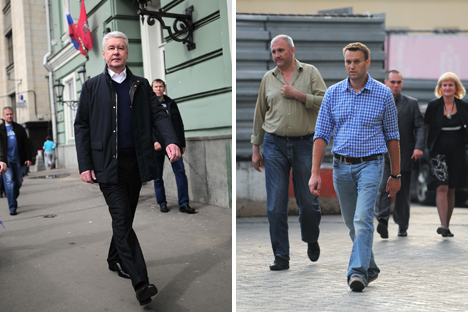 À gauche, le maire sortant Sergueï Sobianine. À droite, l'opposant Alexeï Navalny. Crédit : Photoshot/Vostock-Photo