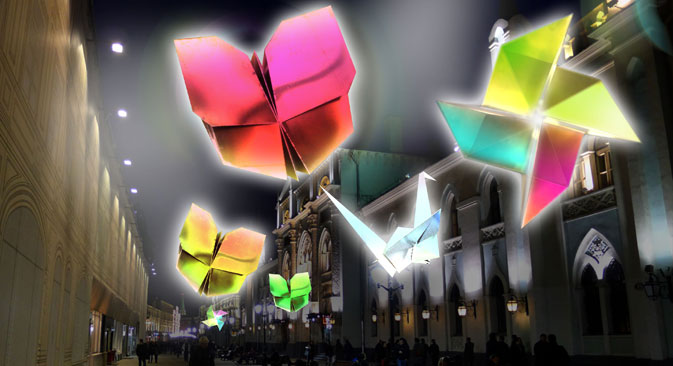 La rue Nikolskaïa accueillera 12 autres origamis, plus grands, réalisés par un autre designer français,  Jacques Rival. Source : www.archizip.com