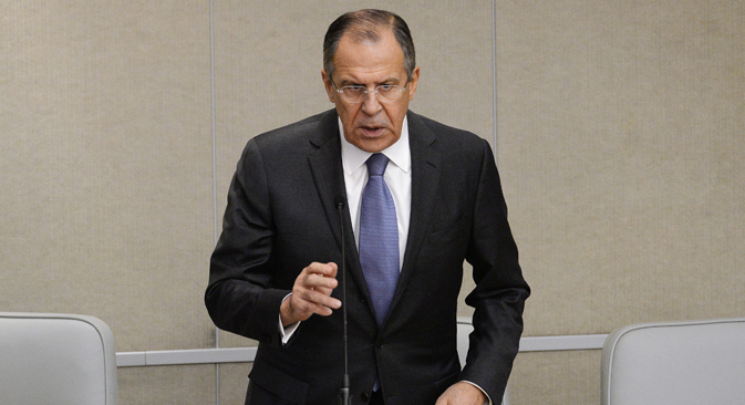 Le chef de la diplomatie russe Sergueï Lavrov lors d'une réunion plénière de la chambre basse du parlement russe. Crédit photo : Ramil Sitdikov/RIA Novosti